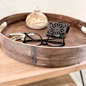 Vintage Wooden Round Primitive Kitchen Tray with Handles Earthy Rustic Decor 14”